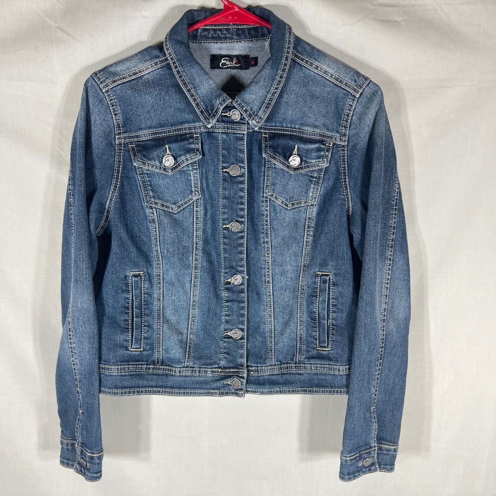 Earl Jean Womens Medium Wash Denim Trucker Jacket Size M Blue Stretch Cotton